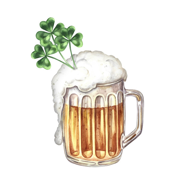圣帕特里克节啤酒杯，配三叶草。手绘水彩插画。用于贺卡、横幅、传单、包装、邀请函等的平面设计元素。图片下载
