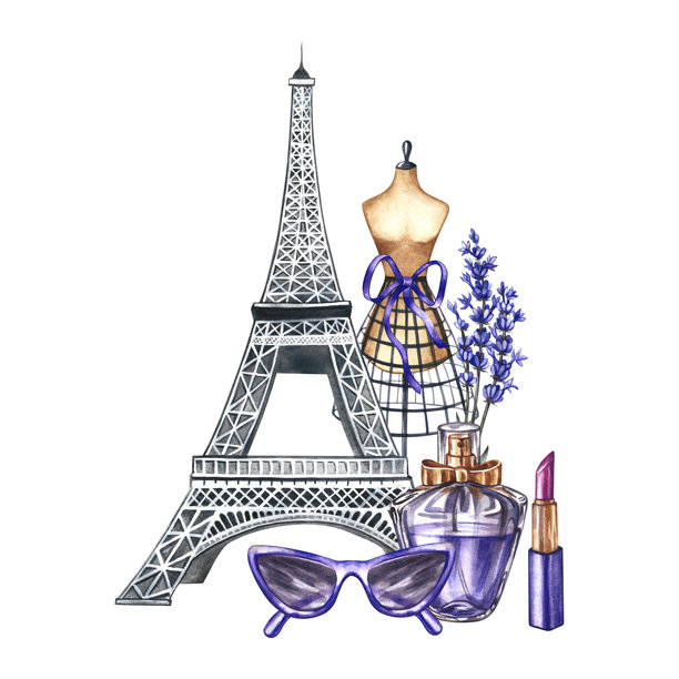 巴黎风情与时尚。手绘水彩插画，包含埃菲尔铁塔、香水、薰衣草、眼镜、口红和裁缝假人。适用于妇女节、母亲节或妻子节。图片下载