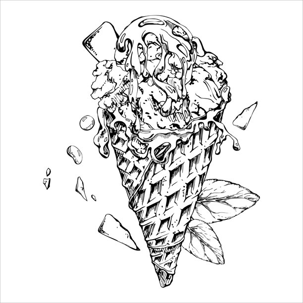 手绘矢量墨水风格的冰淇淋插画，装在甜筒里，配有薄荷叶、巧克力豆和融化的糖浆。适用于健康甜点品牌、美食主题艺术和包装装饰。图片下载