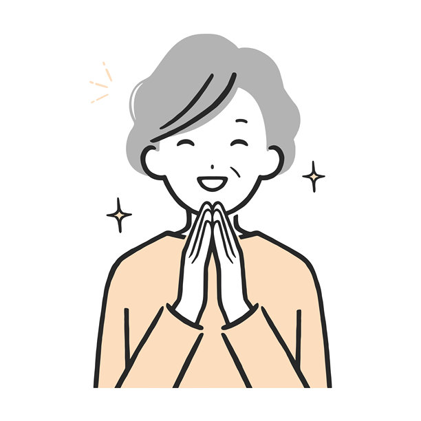 面带微笑、双手合十的老年女性，表达开心和释然的插画图片下载