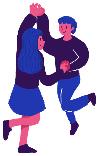 卡通风格，手绘插画，描绘一对情侣以柔和的蓝粉色调翩翩起舞。图片下载