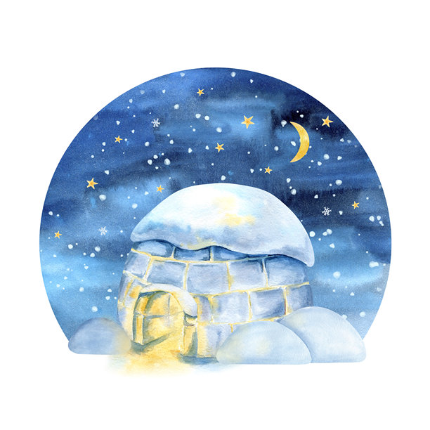 北极因纽特人夜景构图，有灯光的爱斯基摩人小屋，星空，月亮。雪覆盖的水彩插画风景，带有雪堆。适用于圣诞贺卡、装饰、儿童读物。图片下载