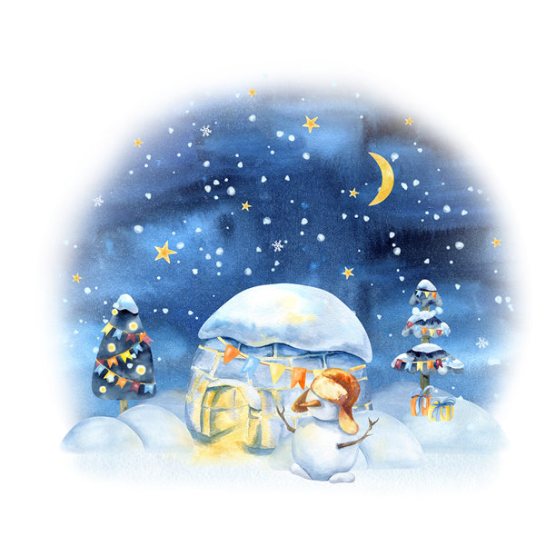 圣诞极地之夜，冰屋，星空，月亮，雪人，装饰树。北方雪景，雪堆，水彩插画。贺卡，新年包装，装饰。图片下载