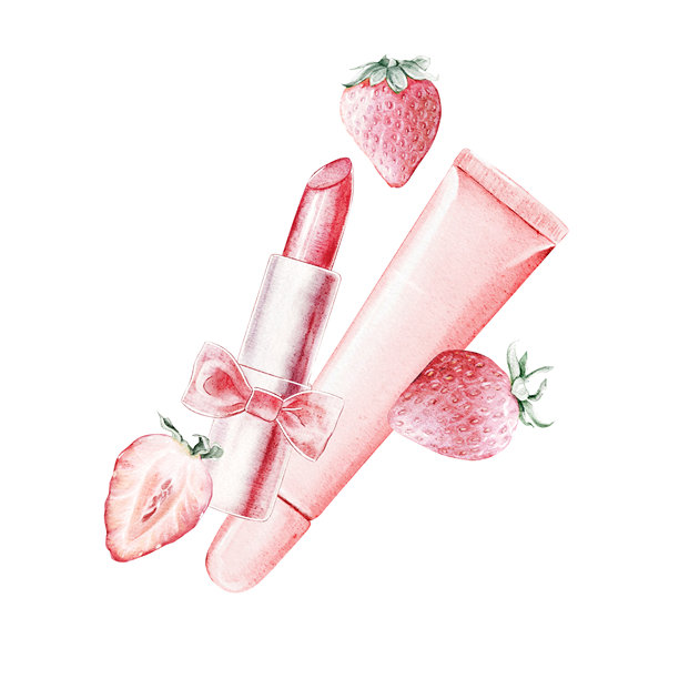 口红、唇彩管和新鲜草莓，采用少女粉色调。水彩插画。孤立的剪贴画，适用于化妆品品牌、包装设计、美容项目和自我护理主题。图片下载