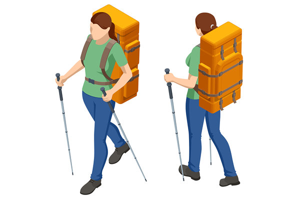 徒步旅行者使用登山杖和背包的等距插画，用于旅行、徒步、露营。徒步、户外探险、旅行计划图片下载