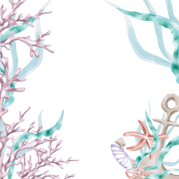 海藻中的珊瑚、海星和锚的方形画框。海洋生物的孤立水彩插画，适用于儿童室内装饰、化妆品、贺卡设计和主题节日。图片下载