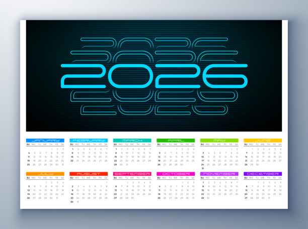 2026年可打印日历设计模板，带有数字符号和全年月度字体，背景为白色，迎接新年。横向日程计划插画，适用于墙报、卡片日历、文具、传单、横幅。星期从周日开始。图片下载