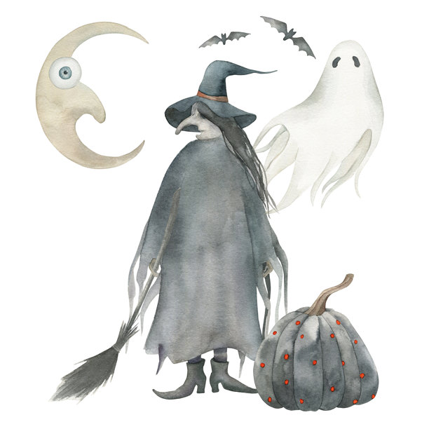 万圣节女巫、鬼魂、月亮和南瓜卡片。白色背景上的水彩隔离插画。图片下载