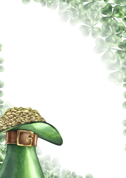 圣帕特里克节边框。手绘水彩插画。爱尔兰小妖精帽子、金币和三叶草。用于贺卡、请柬、横幅、海报等。图片下载