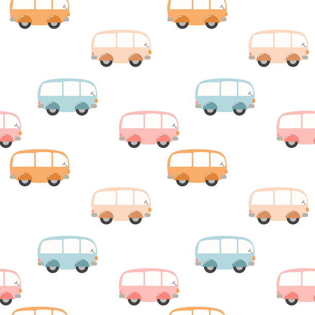 可爱的蓝色、粉色和橙色卡通货车，白色背景上的无缝图案矢量插画。图片下载