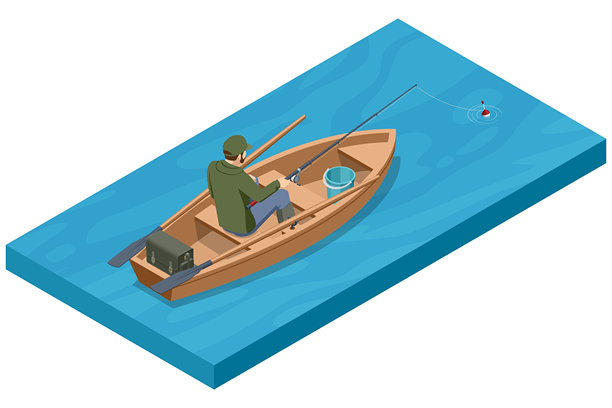 一幅等距插画，描绘一名男子在蓝色水面上从木制划艇上钓鱼，配有钓鱼竿和水桶，展现了一种宁静的户外爱好。图片下载