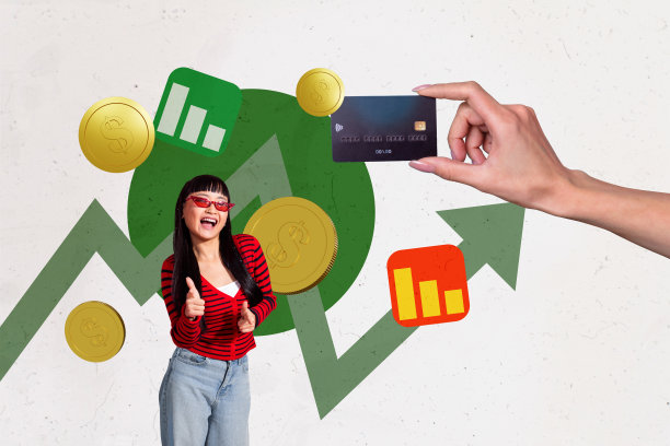 手持银行信用卡、货币投资收益的年轻女士成功微笑的模板素描趋势3D照片拼贴，象征金融预算图片下载