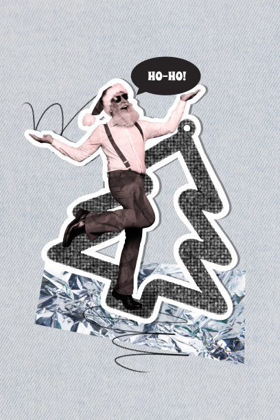 垂直照片，潮流风格，三维拼贴画，快乐的老人圣诞老人跳舞，新年树，玩具，嗬嗬，装饰球，庆祝，圣诞节图片下载