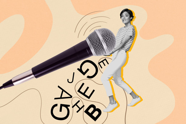 困惑的女孩拿着麦克风的3D照片拼贴全图横幅草图，卡拉OK场合，新闻报道，公告概念图片下载