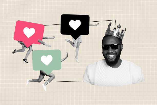 创意海报横幅 3D拼贴照片：一位戴着皇冠的快乐男人，流行名人明星，无身女孩们奔跑、写博客、点赞。图片下载