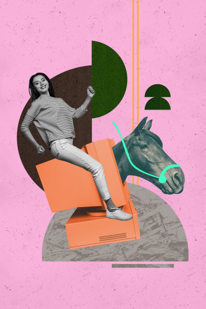 快乐的IT专家女孩和男孩的杂志横幅竖版照片拼贴，站立在电脑显示器前，窥视特洛伊木马头部，展示密码黑客间谍。图片下载