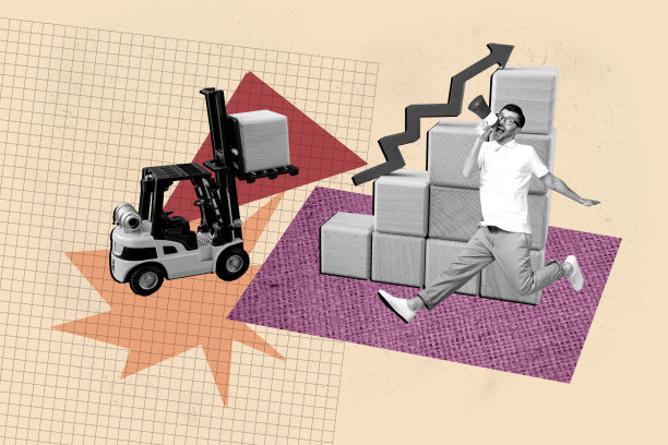 成功商人与女商人的拼贴时尚杂志照片，他们站着，指向发展箭头，搬运木块，朝着目标前进。图片下载