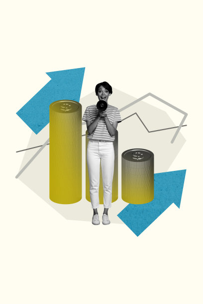 海报竖版照片拼贴，一位快乐的女商人大声喊叫，手里拿着扩音器，旁边有美元硬币、金钱交易和进度图。图片下载