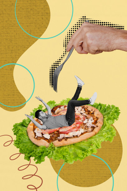 惊愕男士海报竖版照片拼贴，咖啡馆意式薄饼外卖，生菜沙拉，手持叉子，快餐营养图片下载