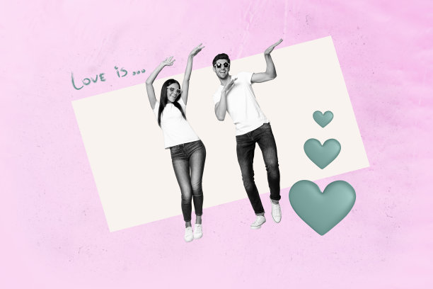 快乐情侣在情人节庆祝的照片拼贴画，心形明信片，表达爱意与浪漫图片下载