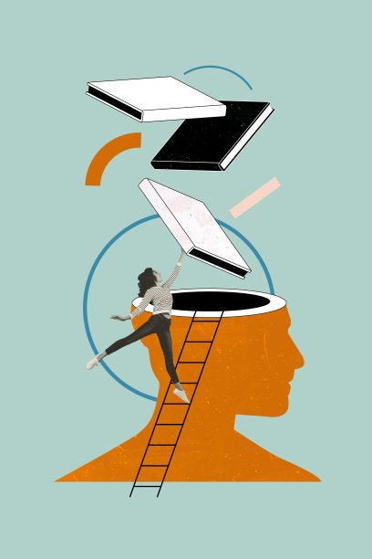 草图设计趋势照片拼贴，描绘一名年轻女子在梯子上学习，涉及心理治疗、抑郁、心理学、教育、图书馆和书籍等主题。图片下载
