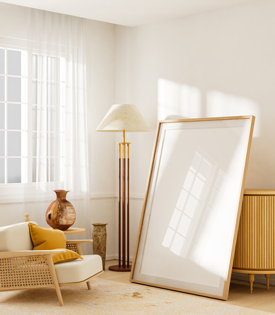 斯堪的纳维亚风格内饰，带有样机海报画框和舒适的黄色点缀。3D插画图片下载