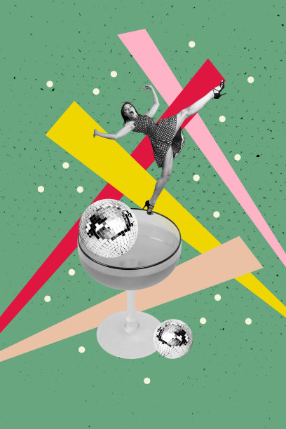 3D照片拼贴模板潮流艺术作品草图，年轻女子震惊的复古风格迪斯科球夜间娱乐活动休息休闲。图片下载