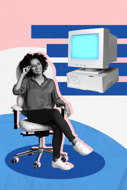 趋势竖版艺术作品横幅，快乐自由职业女商人在电脑显示器设备旁坐着，职业经理人，3D照片拼贴图片下载