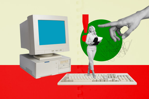 创意3D照片拼贴潮流：企业家、人力资源招聘经理、工作空间、女性站立、键盘、旧电脑、手指指向图片下载