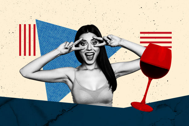 快乐女孩展示和平手势的潮流艺术创意图片拼贴，包含酒精饮料，适合庆祝节日或休闲场合。图片下载