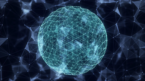 抽象科幻粒子球体，连接世界的科技网络。未来感插画，人工智能驱动的全球数字连接。三维线框几何球体，三维渲染。图片下载