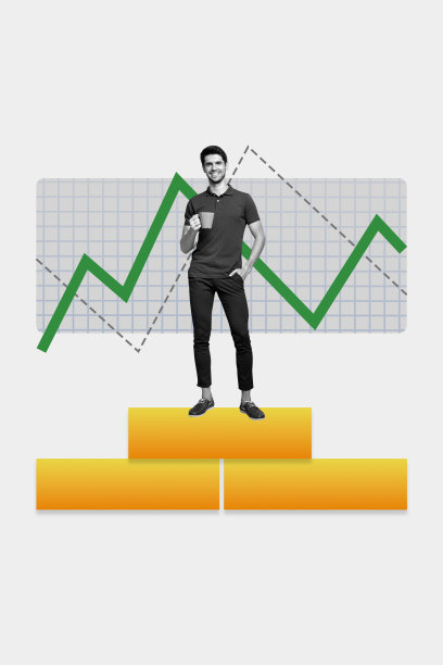 创意海报潮流拼贴照片，描绘一位快乐的商界人士，展示图表、进步、统计数据、目标、成就、成功、宗旨和增长。图片下载