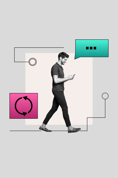 创意3D海报潮流拼贴照片，快乐的冲浪男孩正在用手机发送消息，气泡通知，健谈的信使应用图片下载