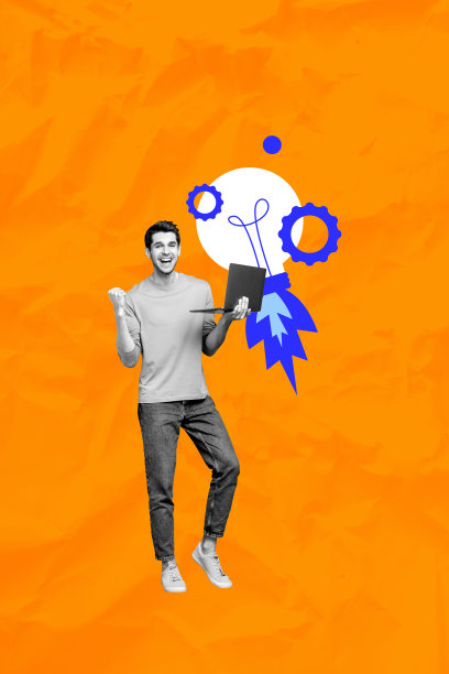 照片图片潮流横幅拼贴，快乐的商界人士手持笔记本电脑、火箭、灯泡，展示项目开发、统计数据和增长。图片下载