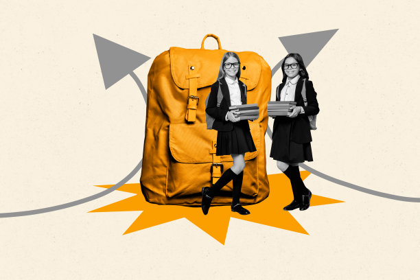 趋势3D大尺寸背包照片拼贴，两位年轻的女同学穿着校服，面带微笑地拿着一摞书，背景是秋季的大学校园。图片下载