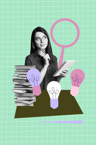时尚艺术创意图片，人力资源女商人的照片拼贴，灯泡，想法，项目，创业，书籍堆叠，教育，放大镜图片下载