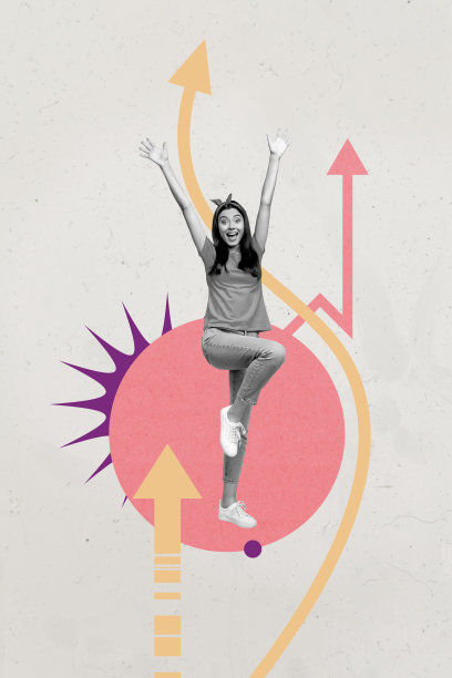 快乐的商界男女站立在艺术风格的垂直照片拼贴画中，展示着发展、统计数据、目标达成和机遇。图片下载