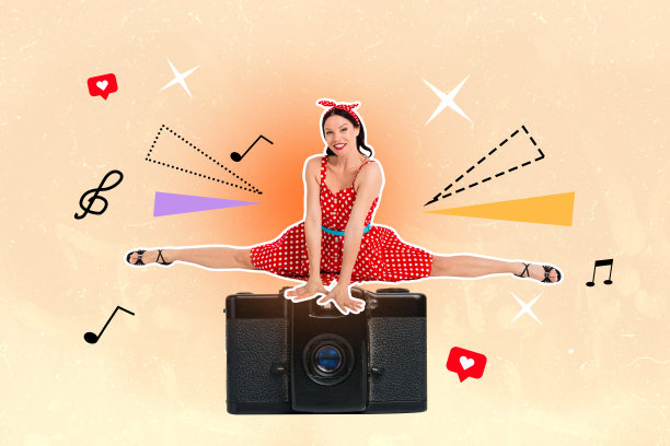 快乐的艺术风格拼贴画，展示了身穿泳衣的女孩在周末放松、跳舞、拍照、写博客以及在俱乐部玩乐的场景，并配有眼睛和照相机的图案，如同拼贴画的装饰。 拼贴画中还包含一些3D效果，使得整体画面更具立体感。 画面风格为手绘素描，并以横幅的形式呈现，整体色彩明亮，充满活力，适合用作社交媒体或广告宣传的素材。图片下载