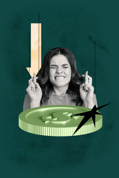 3D弹出式照片拼贴横幅，展示新手女商人和男商人在箭头下跌、美元损失、危机和通货膨胀硬币旁图片下载