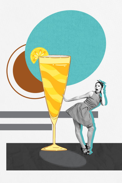 3D艺术插画风格，快乐的复古派对女郎，周末庆祝，手持香槟杯，复古派对庆典，俏皮的鸡尾酒图片下载