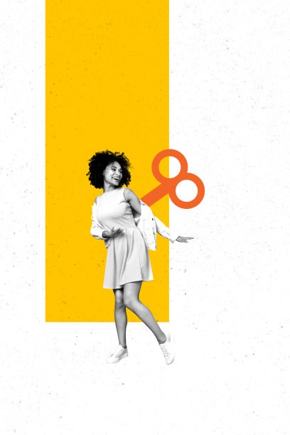 照片，时尚横幅拼贴，快乐漂亮的女孩跳舞芭蕾发条玩具钥匙操控傀儡控制概念图片下载