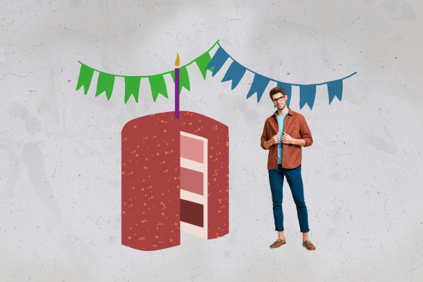 生日派对庆祝活动节日盛大场合的快乐女孩和男孩站立在蛋糕旁许愿的全身3D照片拼贴海报横幅图片下载