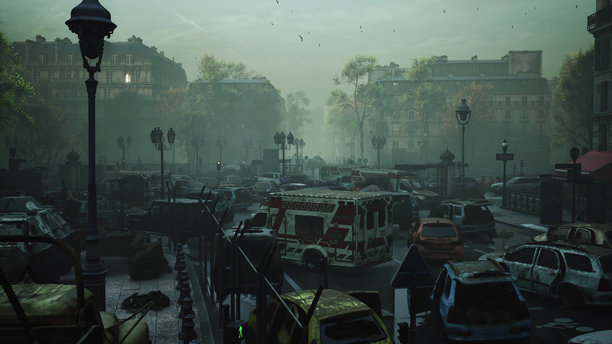 末日幸存者概念，城市废墟。末世景观 3D 渲染，3D 插画图片下载