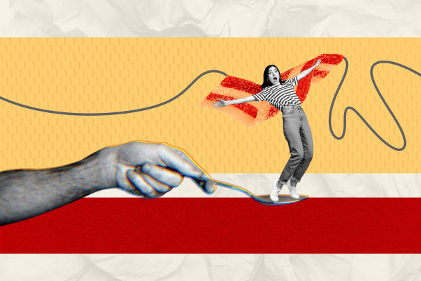 震惊女孩站立的潮流3D全图照片拼贴，勺子、糖果甜点、营养不健康、含糖碳水化合物、手部概念图片下载