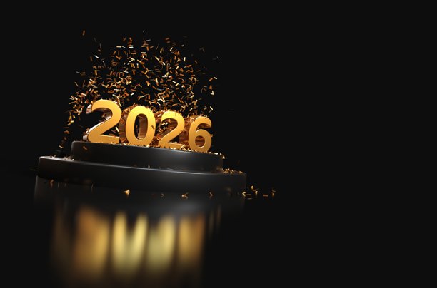 金色的2026文字，背景为金色纸屑和烟花 - 3D插画图片下载