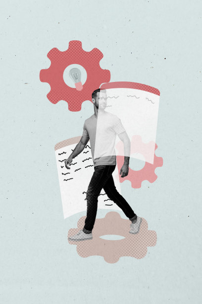 时尚的3D垂直照片拼贴，展示了快乐的女商人和男商人站在齿轮旁，象征着优化、简历、招聘和成功。图片下载