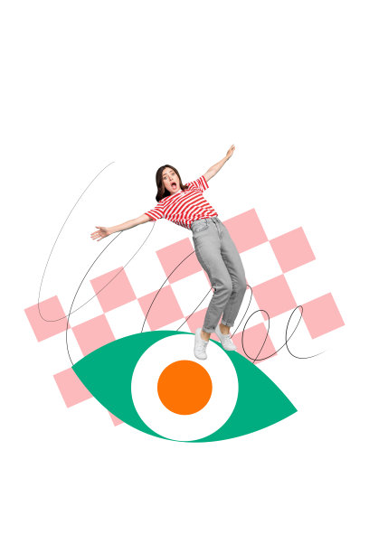 创意3D照片拼贴潮流艺术作品模板，聚焦眼神控制视觉，年轻女子站立，巨大的眼睛，困惑，平衡，震惊图片下载
