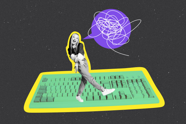 剪影年轻女士跳舞、行走、巨大的虚拟键盘、QWERTY笔记本电脑、网络、线条涂鸦的合成草图设计照片拼贴图片下载