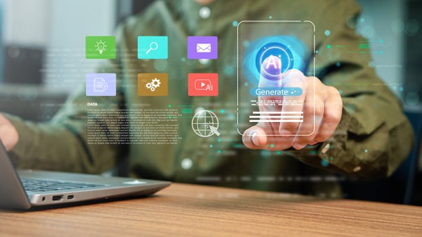 商务人士使用带有AI内容生成平台、视频、照片、数字数据图标和创新概念、人工智能、自动化及未来商业解决方案的笔记本电脑。图片下载