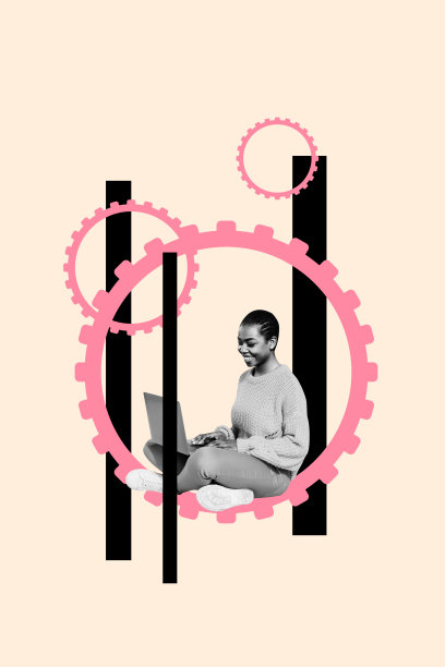 插画风3D海报艺术波普拼贴，一位快乐的自由职业女商人在电脑、图表、齿轮和发展统计数据中展示进步。图片下载